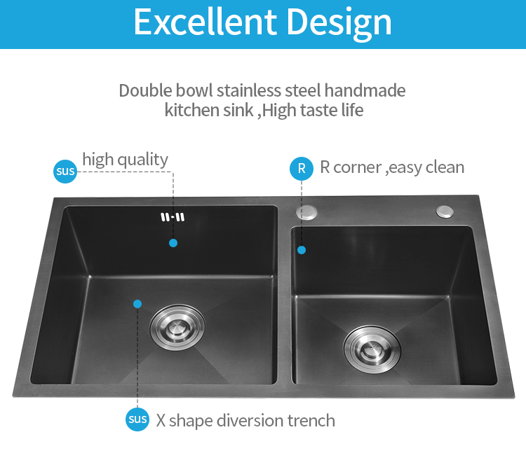 Wastafel dapur mangkuk tunggal buatan tangan 304 stainless steel hitam wastafel mangkuk ganda undermount sink LS8045S-2