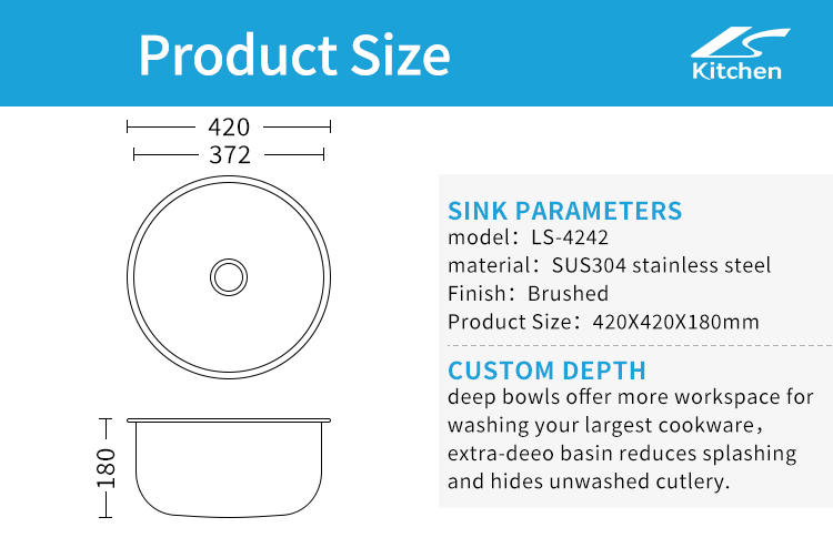 LS-4242 Modern China pabrik undermount SS 304 mangkuk tunggal baskom wastafel bulat stainless steel undermount wastafel dapur dengan pas