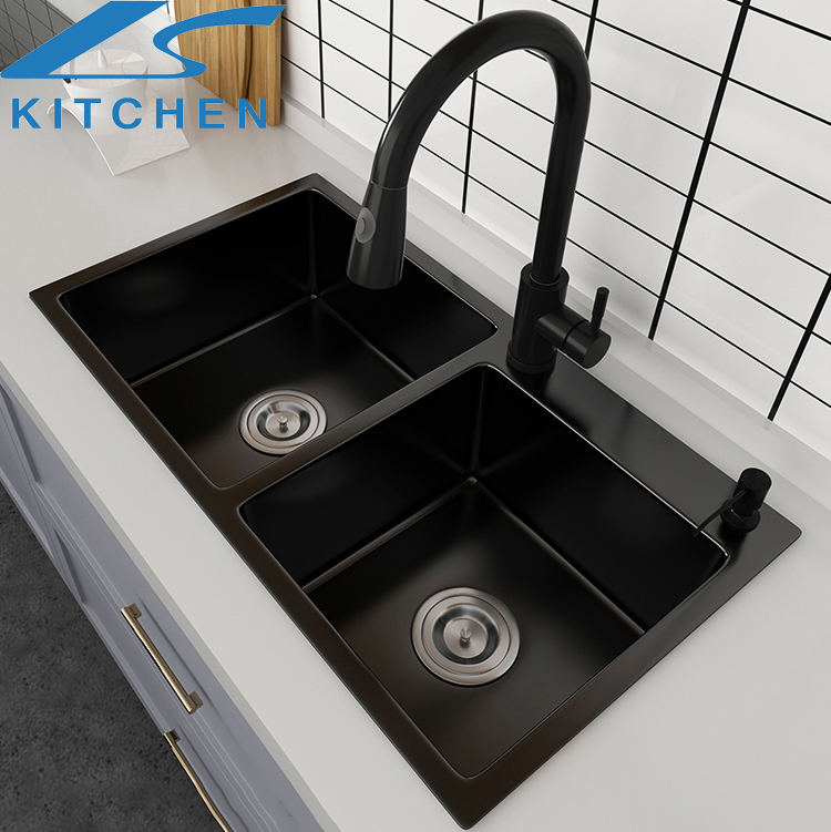 Wastafel dapur mangkuk tunggal buatan tangan 304 stainless steel hitam wastafel mangkuk ganda undermount sink LS8045S-2