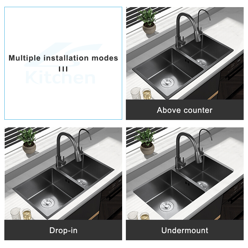 Topmount Gunmetal Black Single Bowl Persegi Panjang Buatan Tangan Wastafel Dapur Stainless Steel dengan Wastafel Workstation