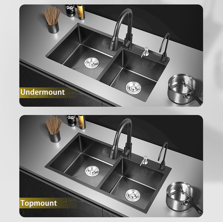 Wastafel dapur mangkuk tunggal buatan tangan 304 stainless steel hitam wastafel mangkuk ganda undermount sink LS8045S-2